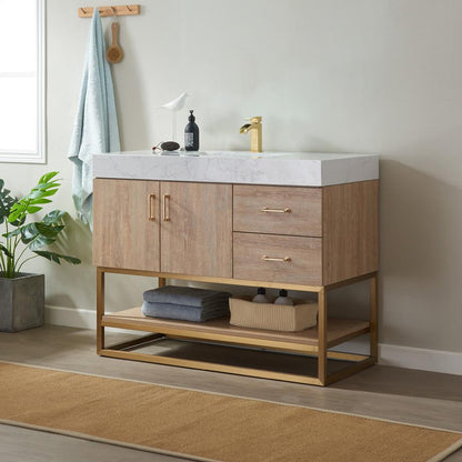 42" Single Vanity with White Grain Stone Countertop Without Mirror