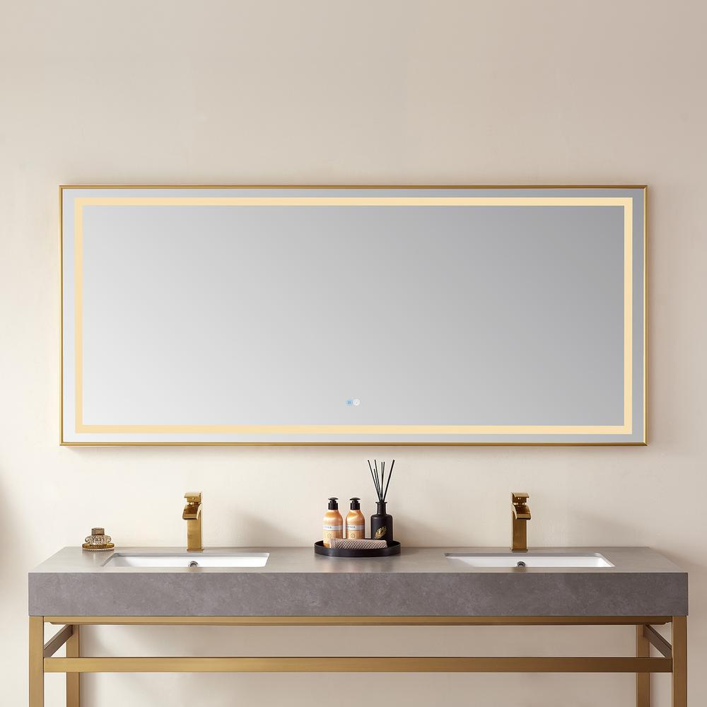 72" Rectangular Aluminum Framed LED Wall Mount Bathroom Vanity Mirror in Gold
