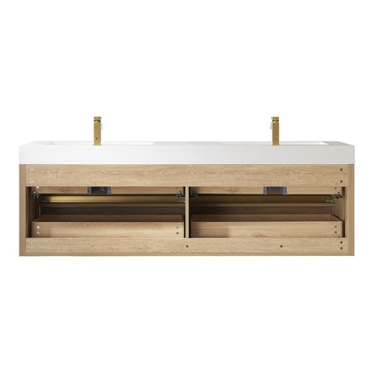 Double Sink Wall-Mount Bath Vanity Composite Integral Sink Top and Mirror