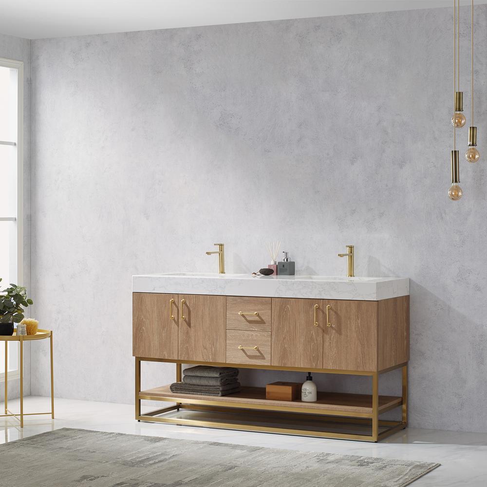 60" Double Vanity with White Grain Stone Countertop Without Mirror