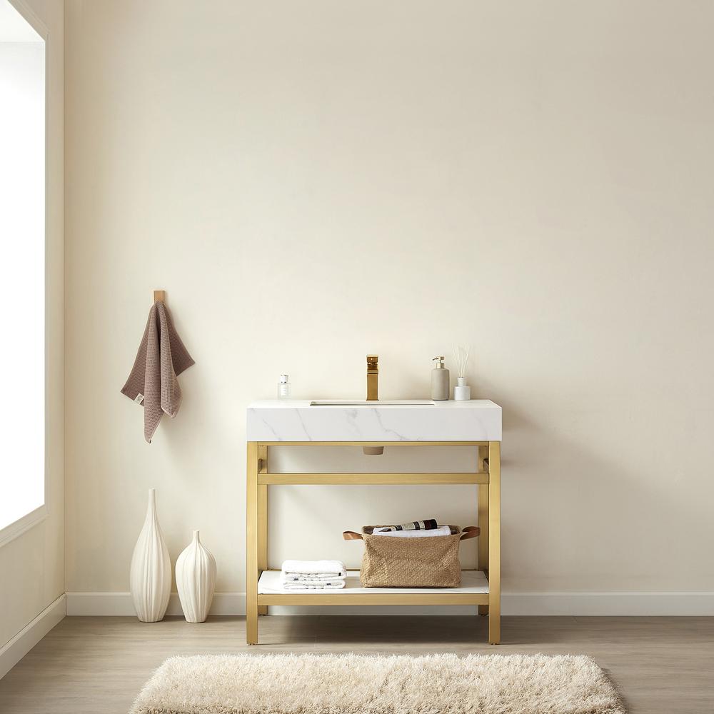 Single Sink Bath Vanity Metal Support with White Sintered Stone Top