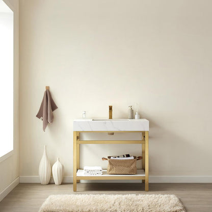 Single Sink Bath Vanity Metal Support with White Sintered Stone Top