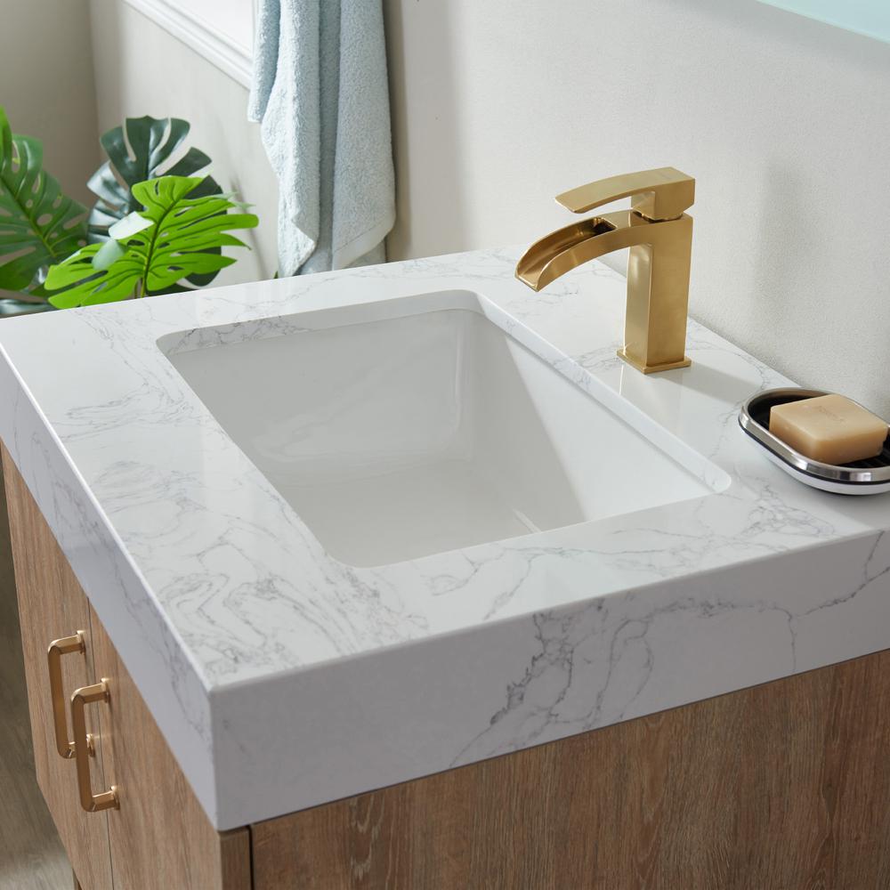 24" Single Vanity with White Grain Stone Countertop With Mirror