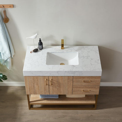 42" Single Vanity with White Grain Stone Countertop Without Mirror