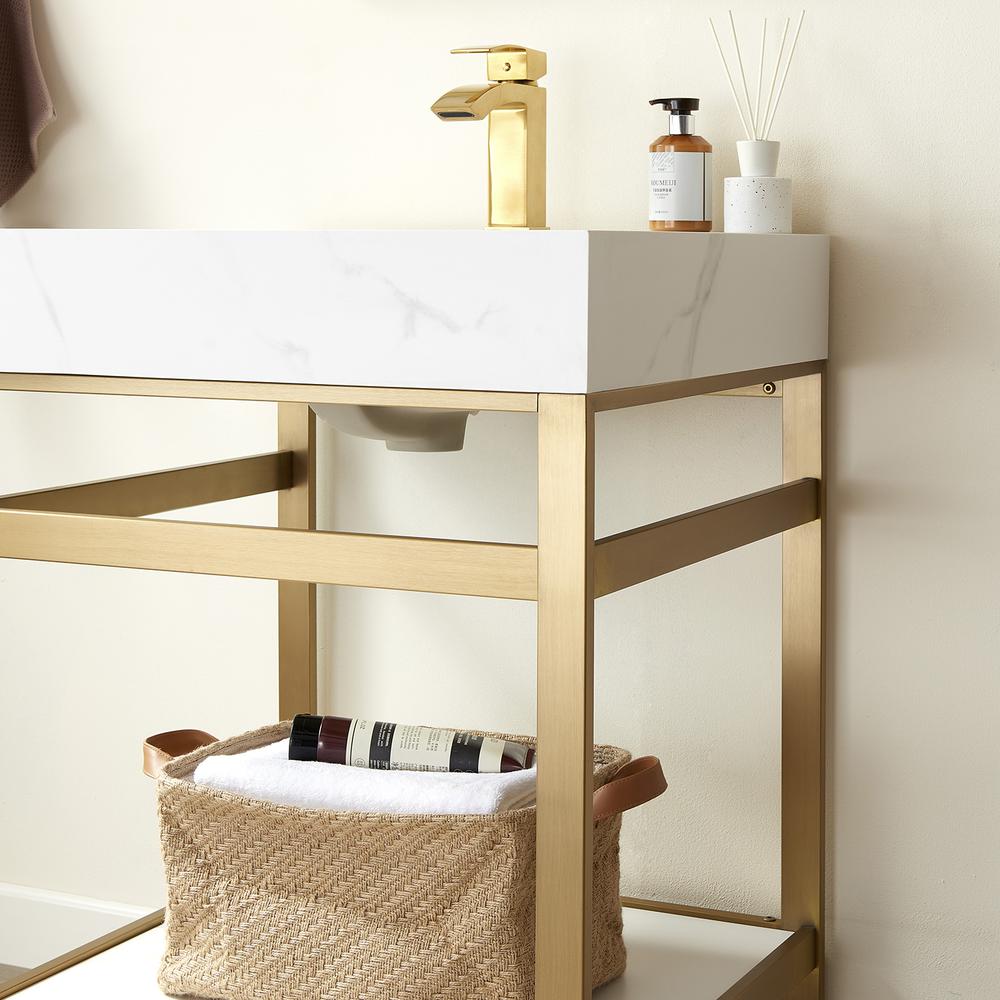 Single Sink Bath Vanity Metal Support with White Sintered Stone Top and Mirror