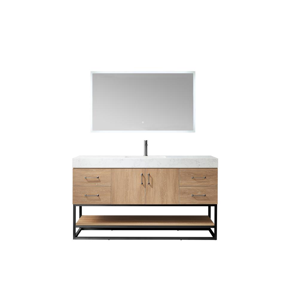 60BS" Single Sink Bath Vanity with White Grain Stone Countertop and Mirror