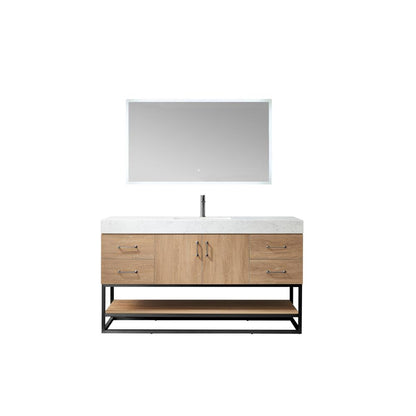 60BS" Single Sink Bath Vanity with White Grain Stone Countertop and Mirror