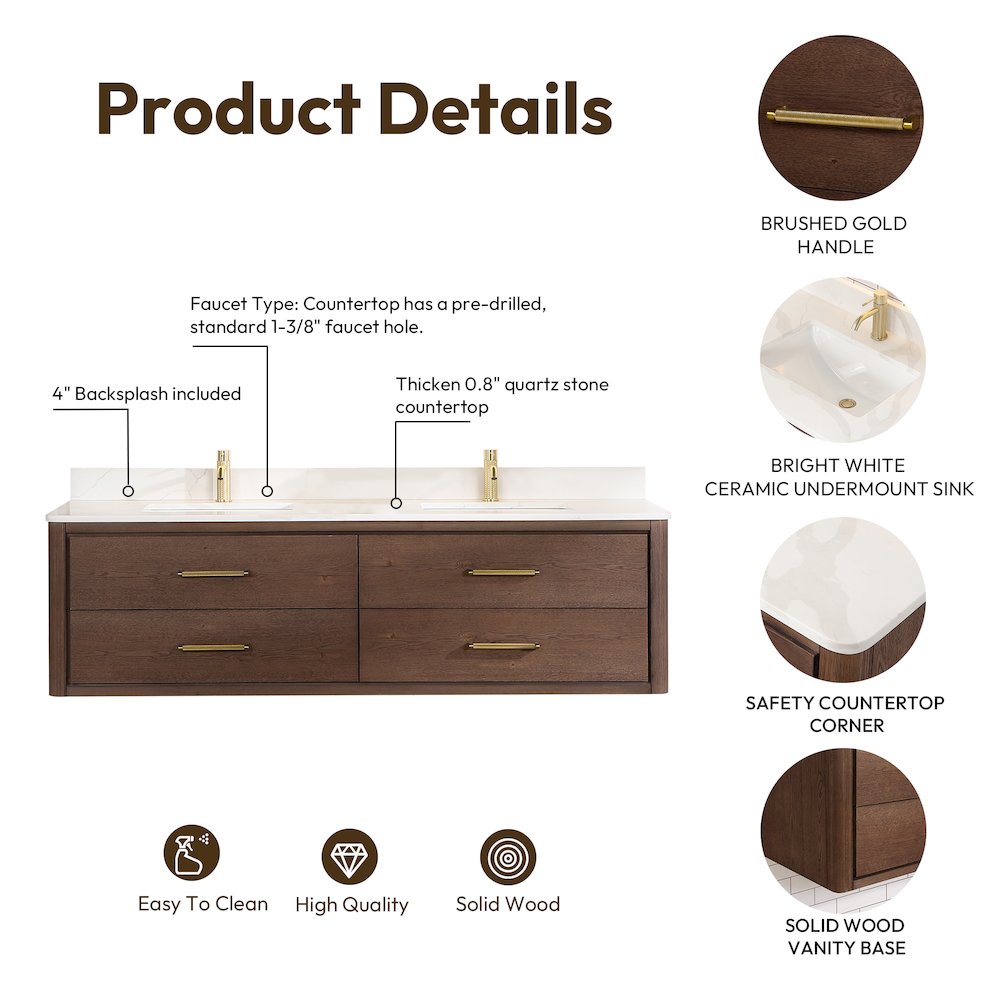 Cristo 72" Floating Double Bath Vanity in Aged Dark Brown Oak