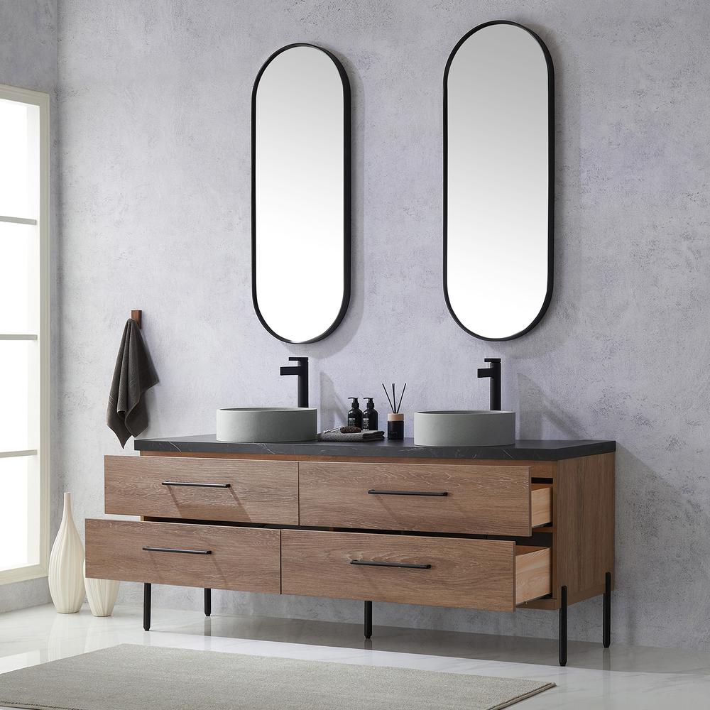 Double Sink Bath Vanity with Sintered Stone Top with Concrete Sink and Mirror
