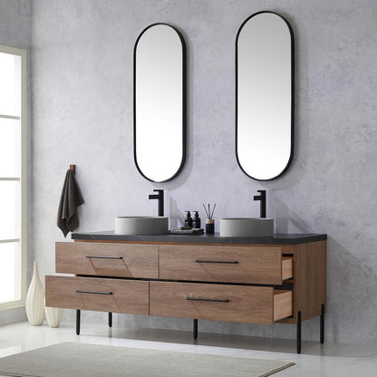 Double Sink Bath Vanity with Sintered Stone Top with Concrete Sink and Mirror