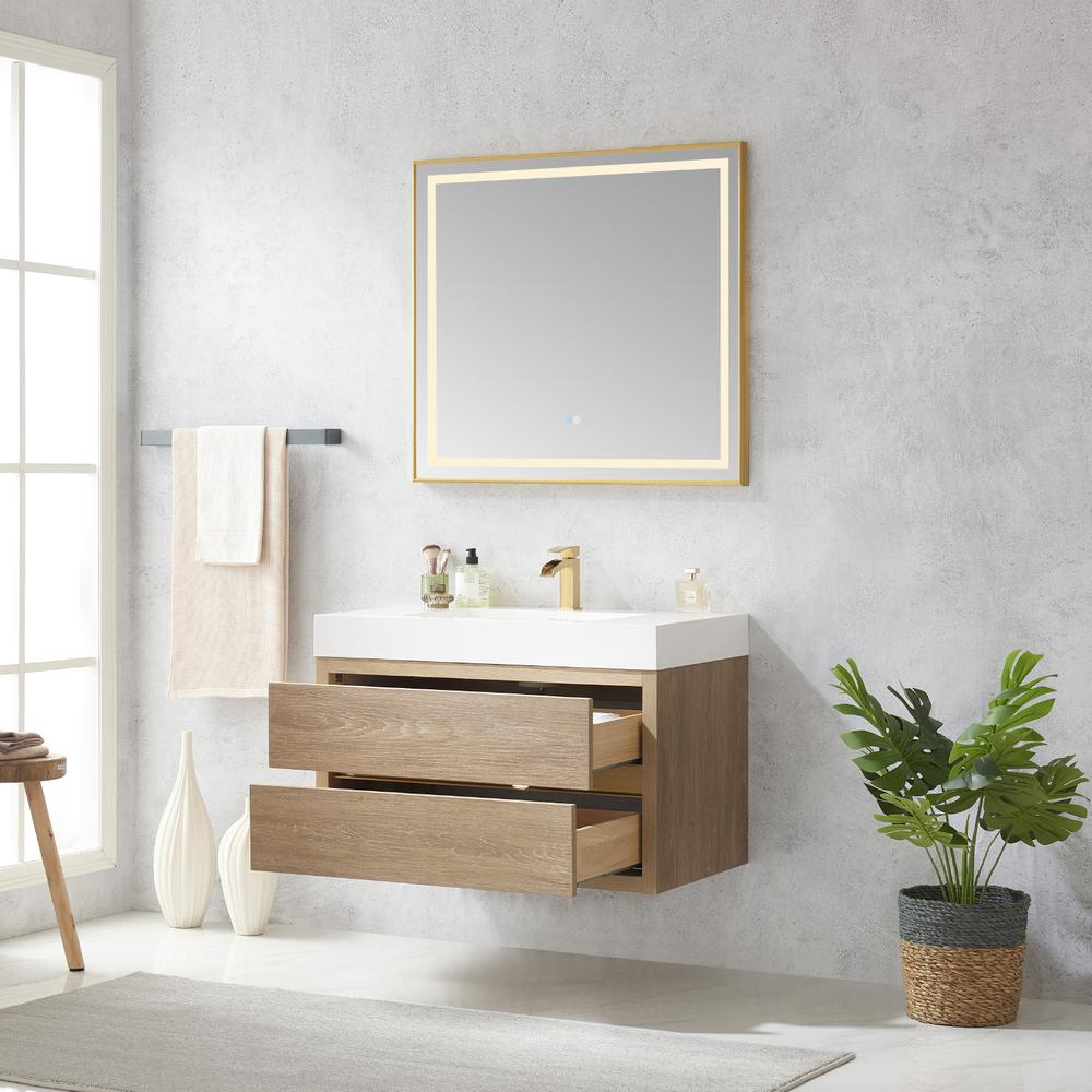 Single Sink Wall-Mount Bath Vanity Composite Integral Square Sink Top, Mirror