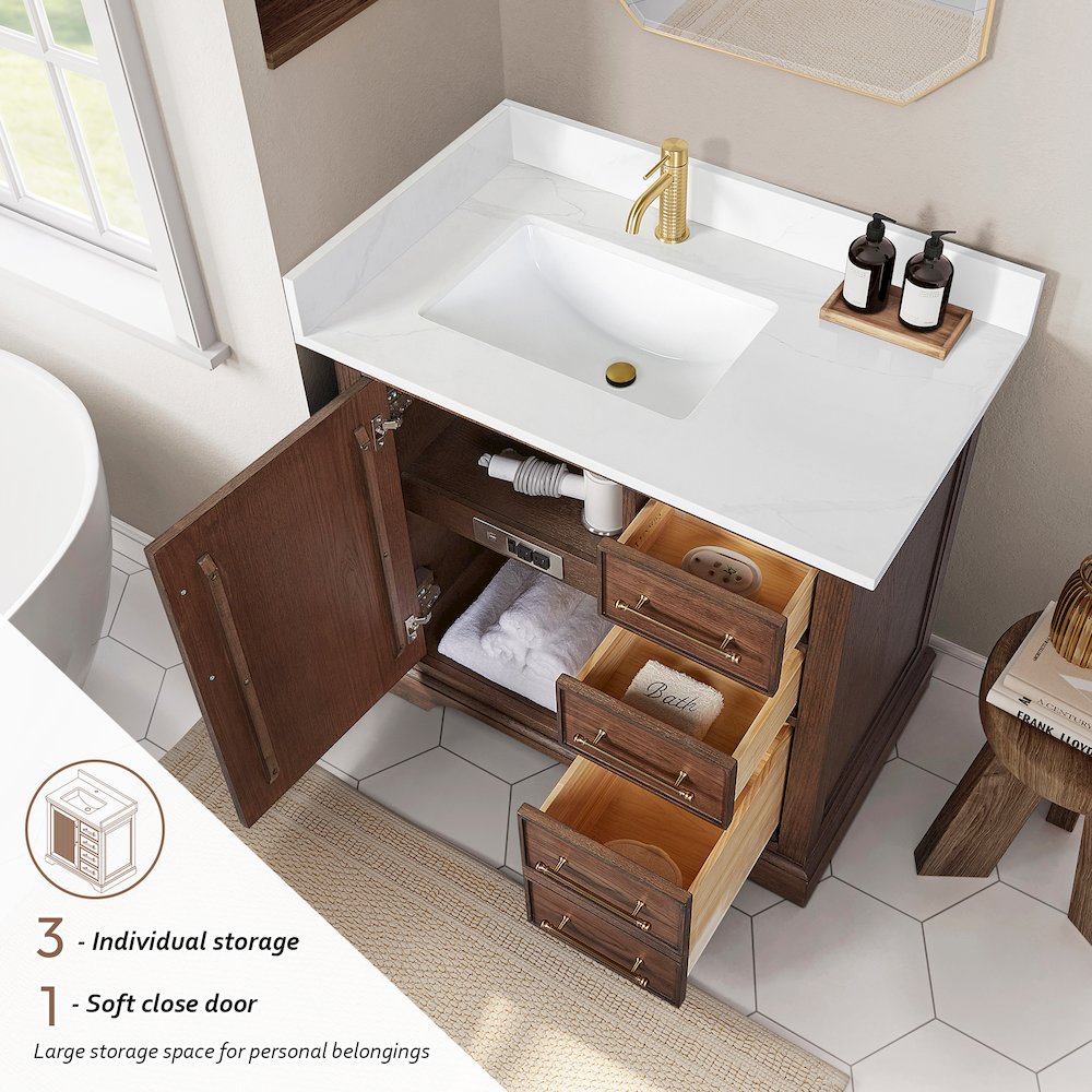 Tokyo 36" Freestanding Single Bath Vanity in Aged Dark Brown Oak