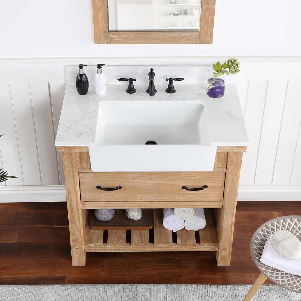 Single Bath Vanity with Composite Stone Top, White Farmhouse Basin and Mirror