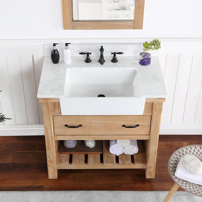 Single Bath Vanity with Composite Stone Top, White Farmhouse Basin and Mirror