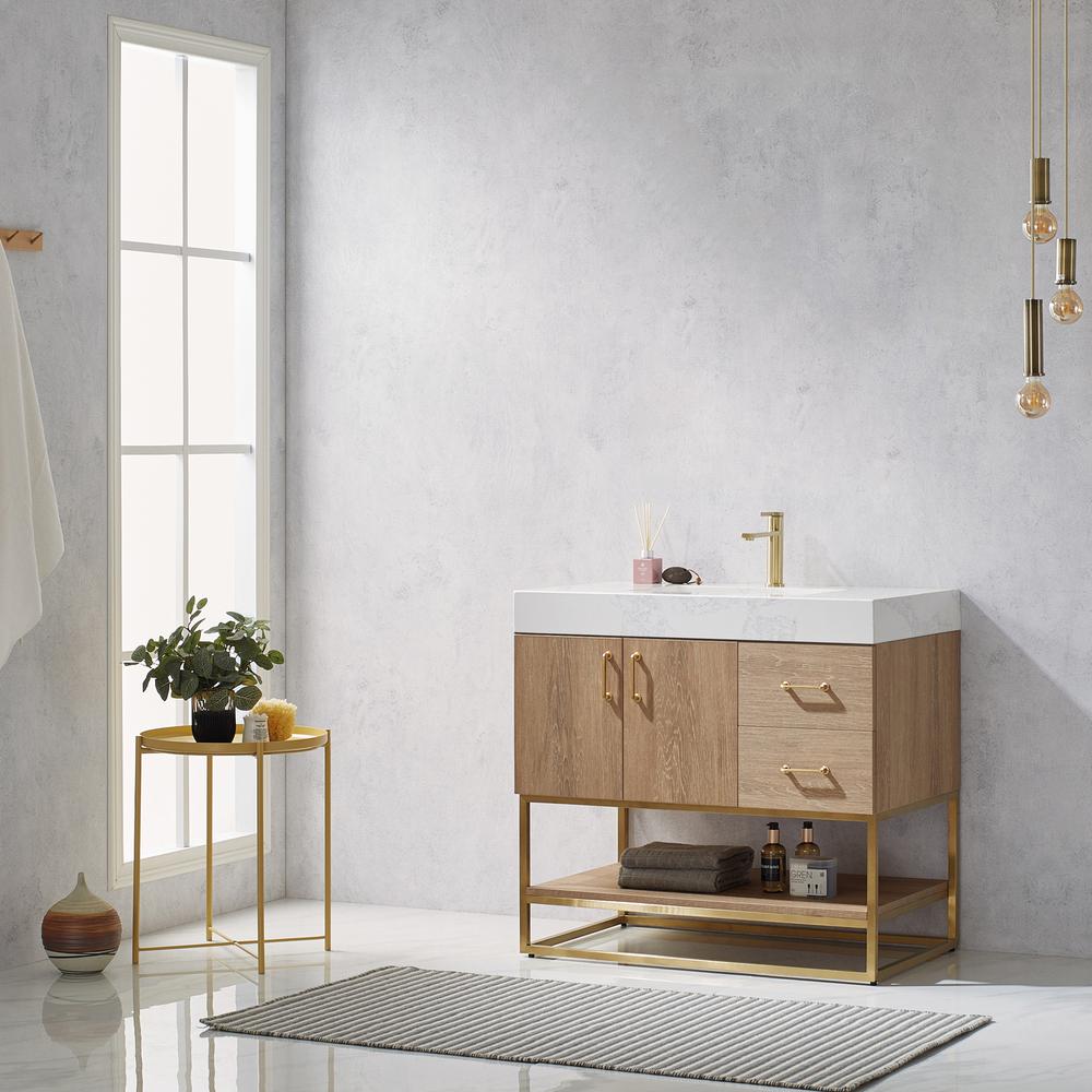 36" Single Vanity with White Grain Stone Countertop Without Mirror
