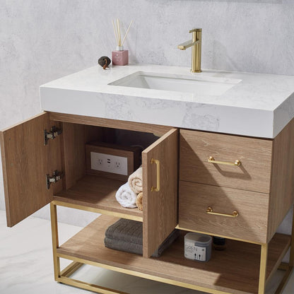 36" Single Vanity with White Grain Stone Countertop With Mirror