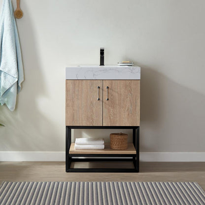 24B" Single Vanity with White Grain Stone Countertop Without Mirror