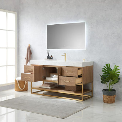 60" Single Sink Bath Vanity with White Grain Stone Countertop and Mirror
