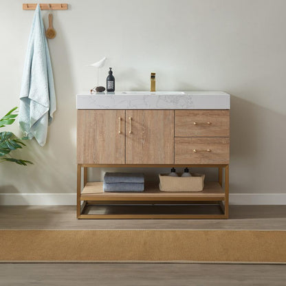 42" Single Vanity with White Grain Stone Countertop Without Mirror