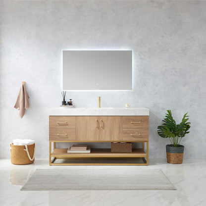 60" Single Sink Bath Vanity with White Grain Stone Countertop and Mirror