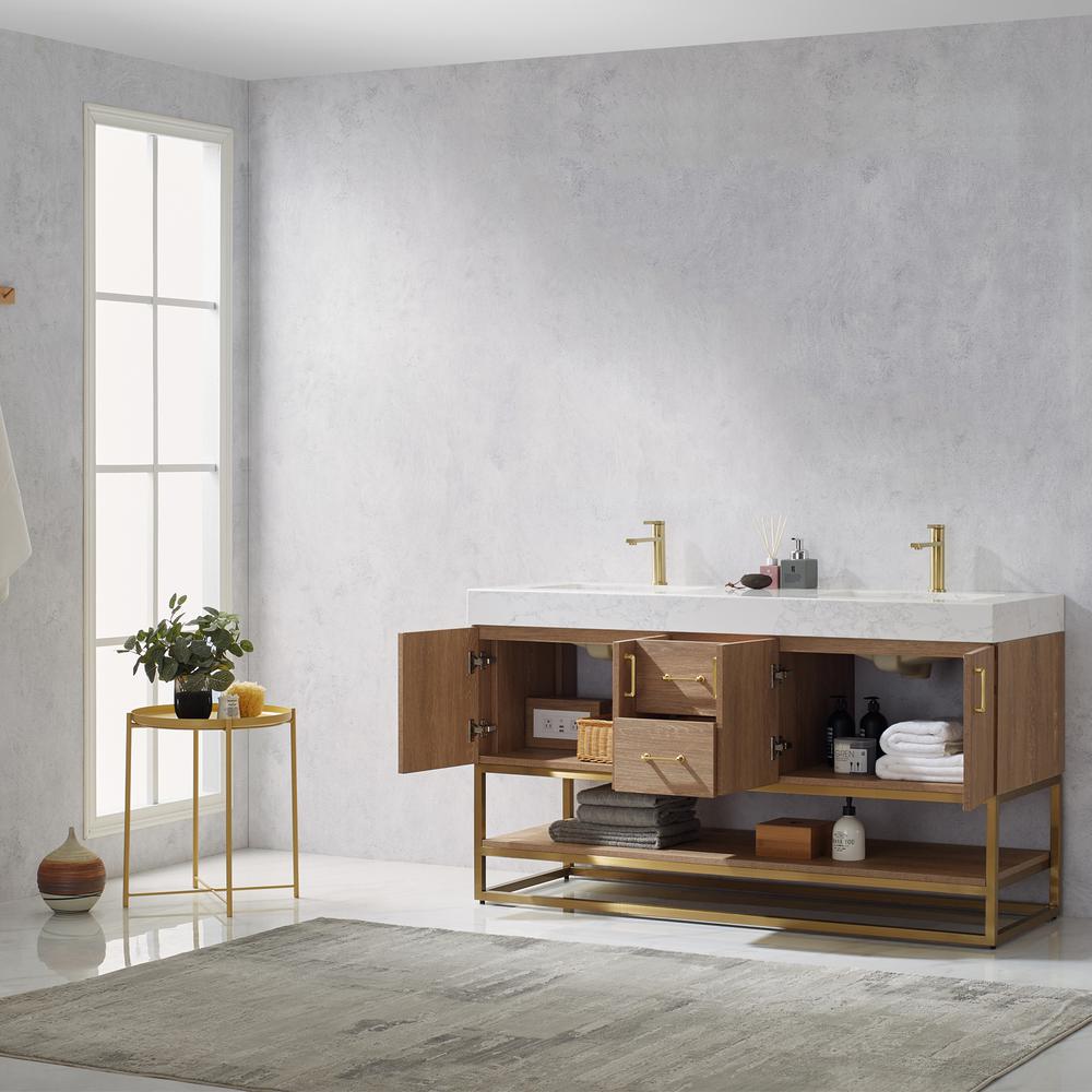 60" Double Vanity with White Grain Stone Countertop Without Mirror