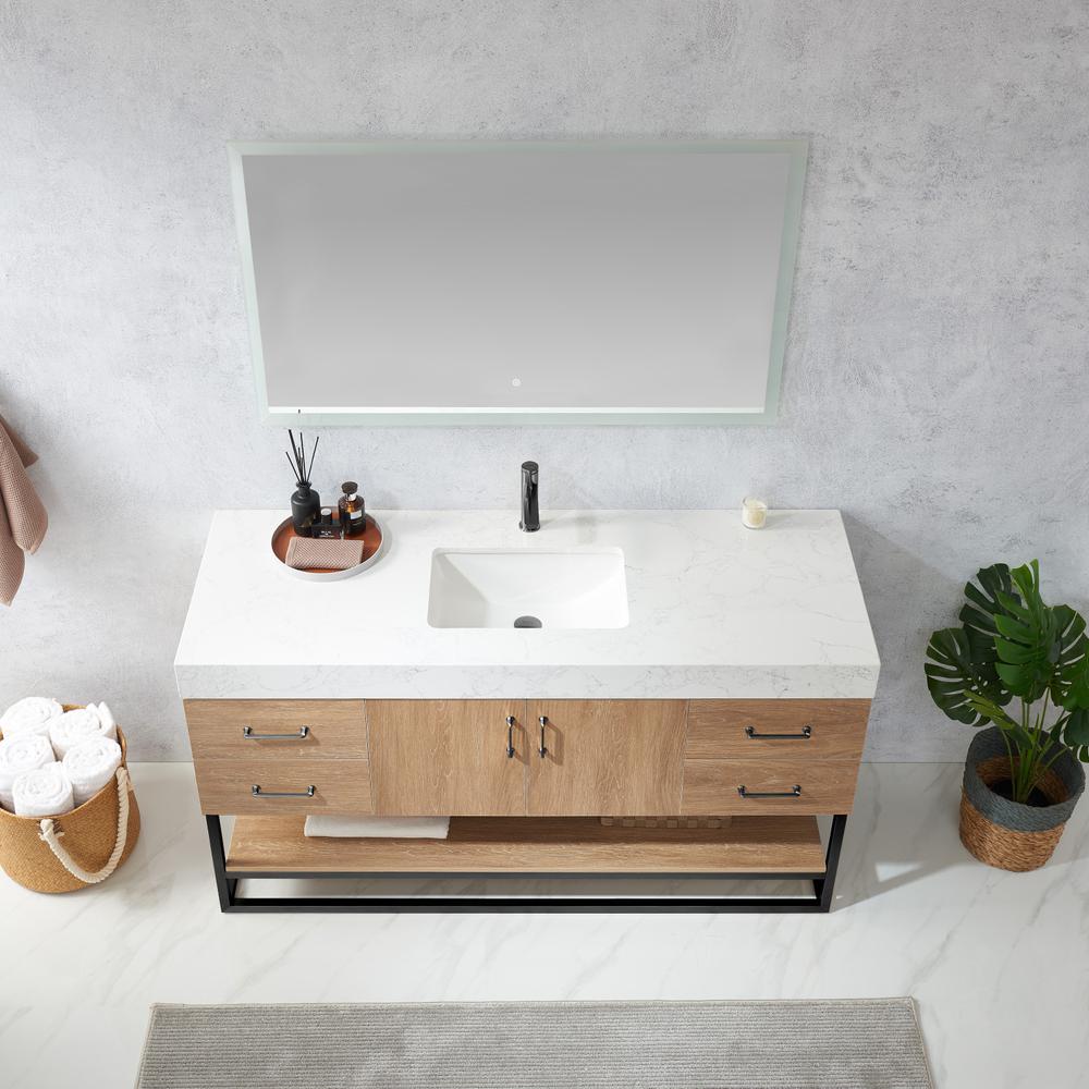 60BS" Single Sink Bath Vanity with White Grain Stone Countertop and Mirror