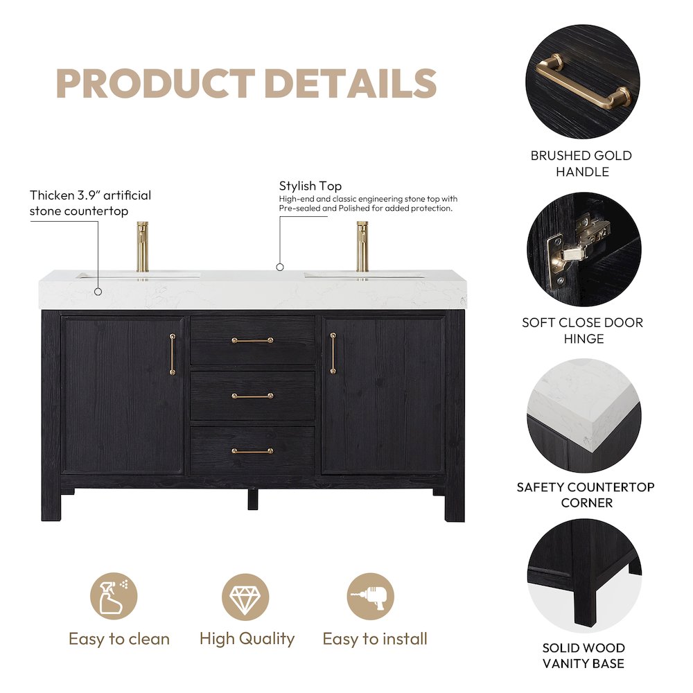 León 60in. Free-standing Double Bathroom Vanity in Fir Wood Black