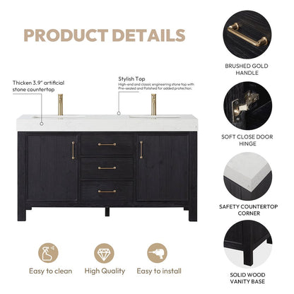 León 60in. Free-standing Double Bathroom Vanity in Fir Wood Black
