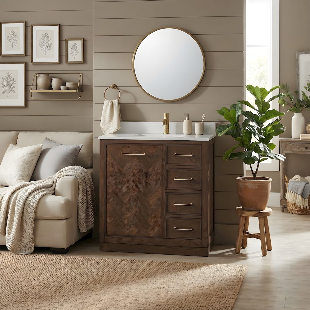 Solid Wood Freestanding Single Sink Bathroom Vanity, Aged Dark Brown Oak