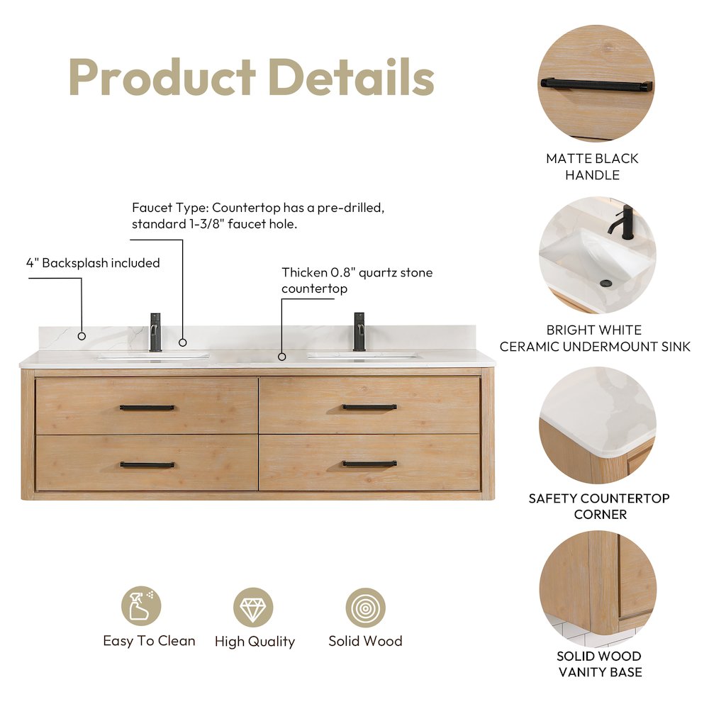 Cristo 72" Floating Double Bath Vanity in Fir Wood Brown