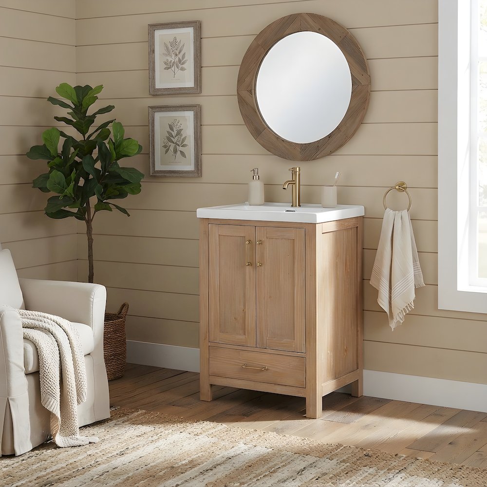 Solid Oak Fir Wood Bathroom Vanity with Drop-In Ceramic Basin Sink Cabinet