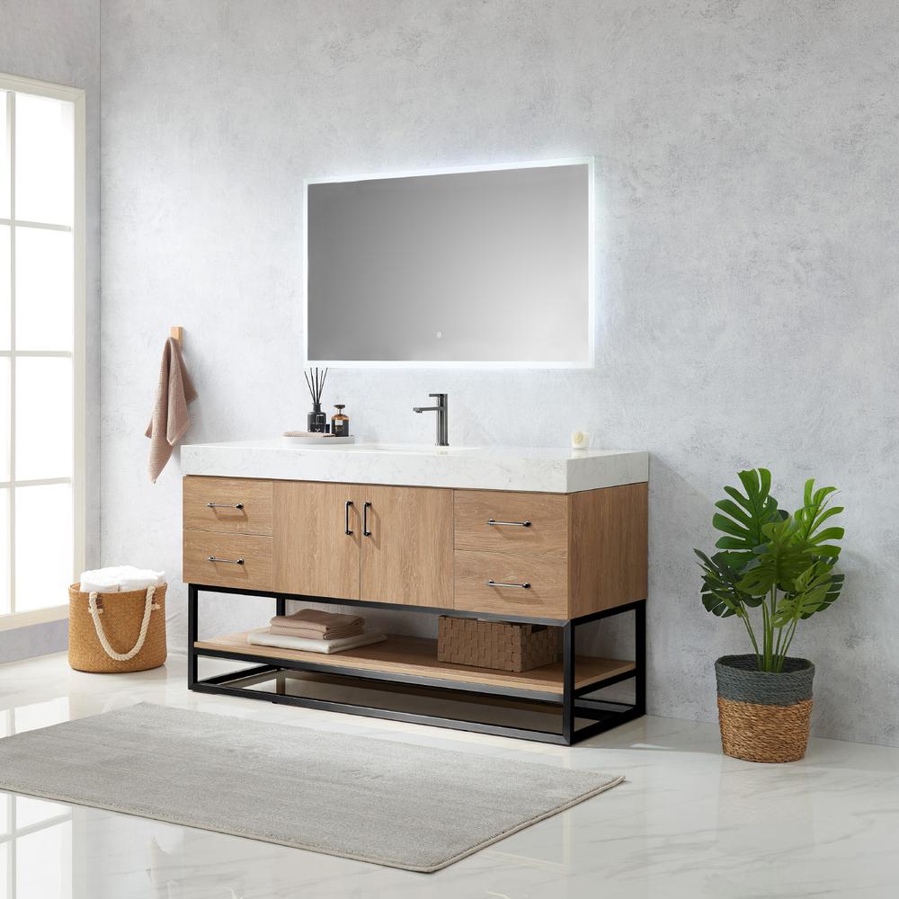 60BS" Single Sink Bath Vanity with White Grain Stone Countertop and Mirror