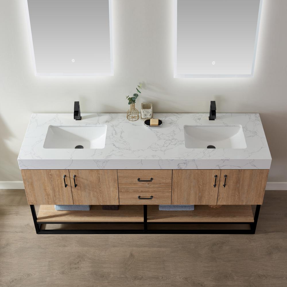 72B" Double Vanity with White Grain Stone Countertop With Mirror