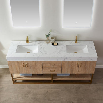 72" Double Vanity with White Grain Stone Countertop With Mirror