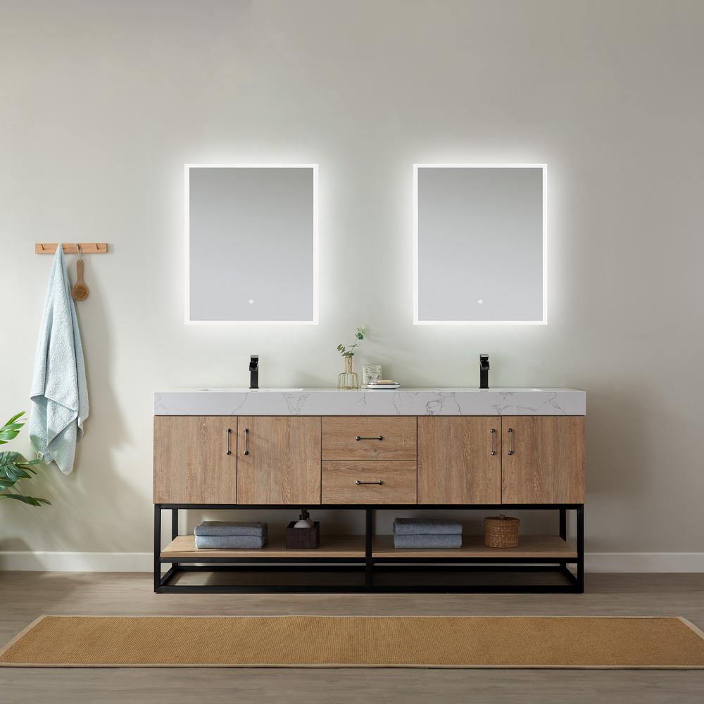 72B" Double Vanity with White Grain Stone Countertop With Mirror
