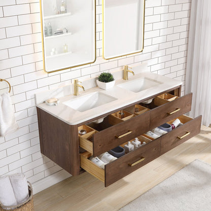 Cristo 60M" Floating Double Bath Vanity in Aged Dark Brown Oak