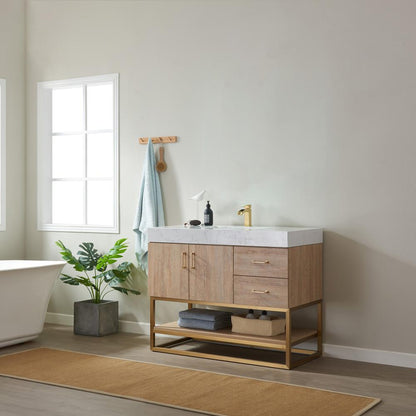 42" Single Vanity with White Grain Stone Countertop Without Mirror