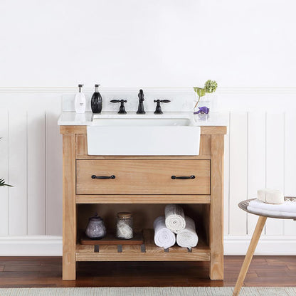 Single Bath Vanity with Composite Stone Top, White Farmhouse Basin