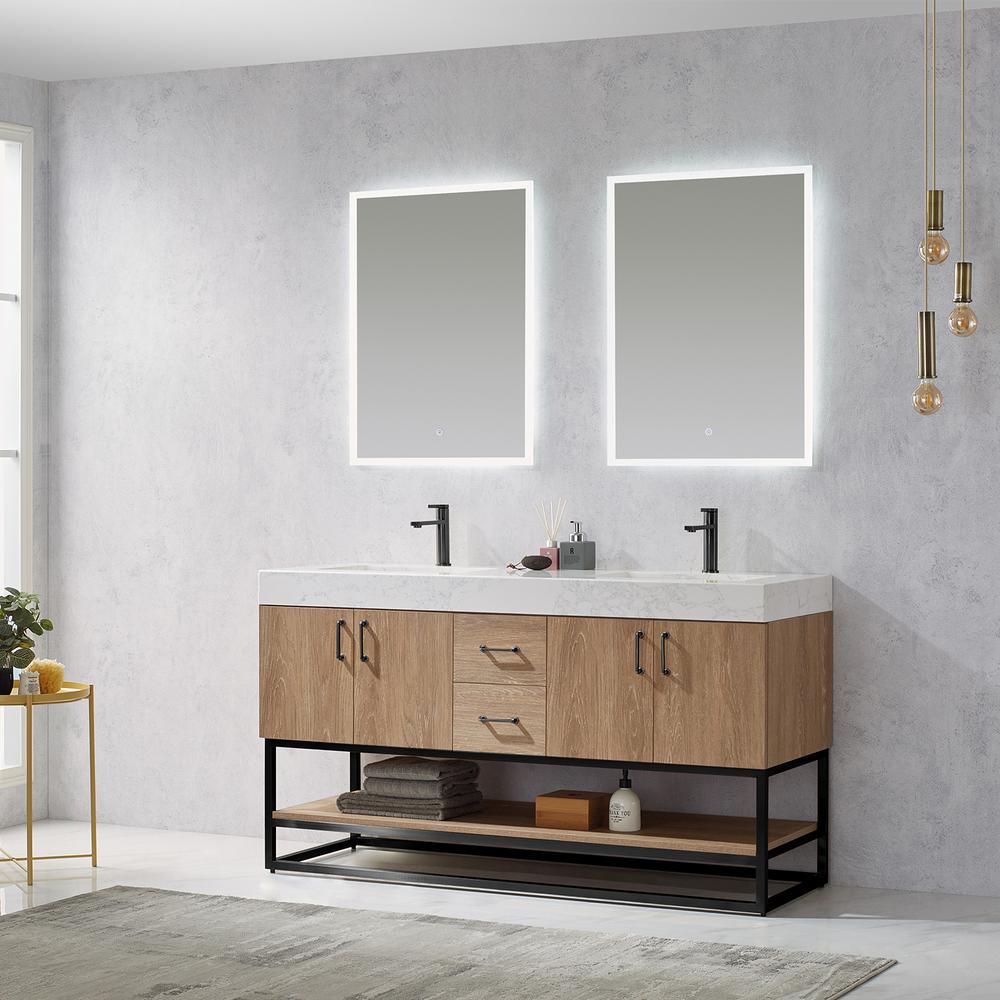 60B" Double Vanity with White Grain Stone Countertop With Mirror