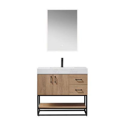 36B" Single Vanity with White Grain Stone Countertop With Mirror