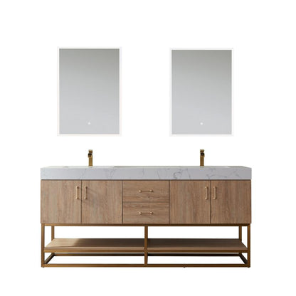 72" Double Vanity with White Grain Stone Countertop With Mirror