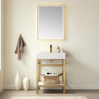 Single Sink Bath Vanity Metal Support with White Sintered Stone Top and Mirror