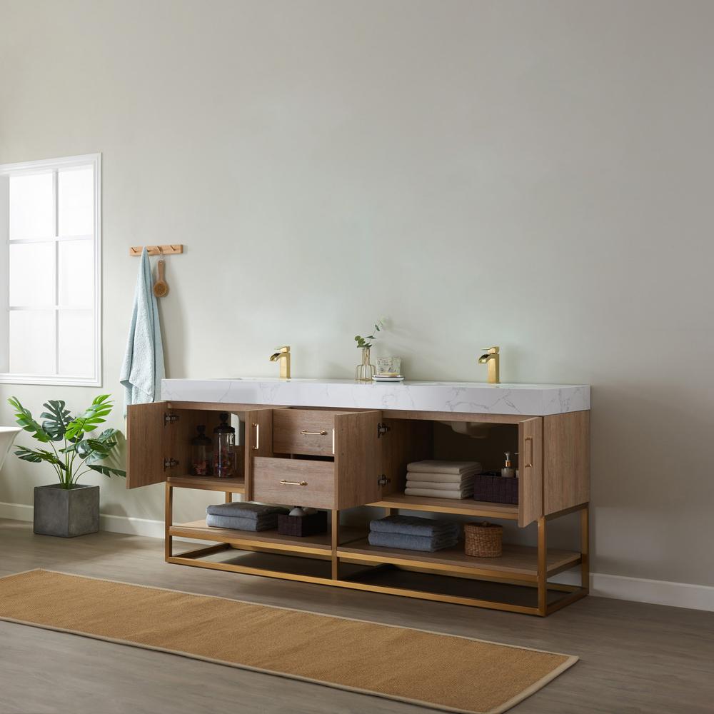 72" Double Vanity with White Grain Stone Countertop Without Mirror
