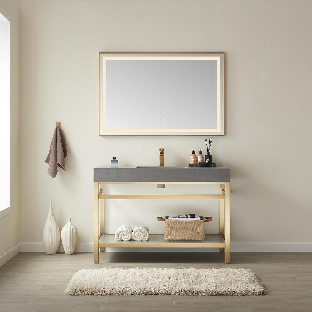 Single Sink Bath Vanity Metal Support with Grey Sintered Stone Top and Mirror
