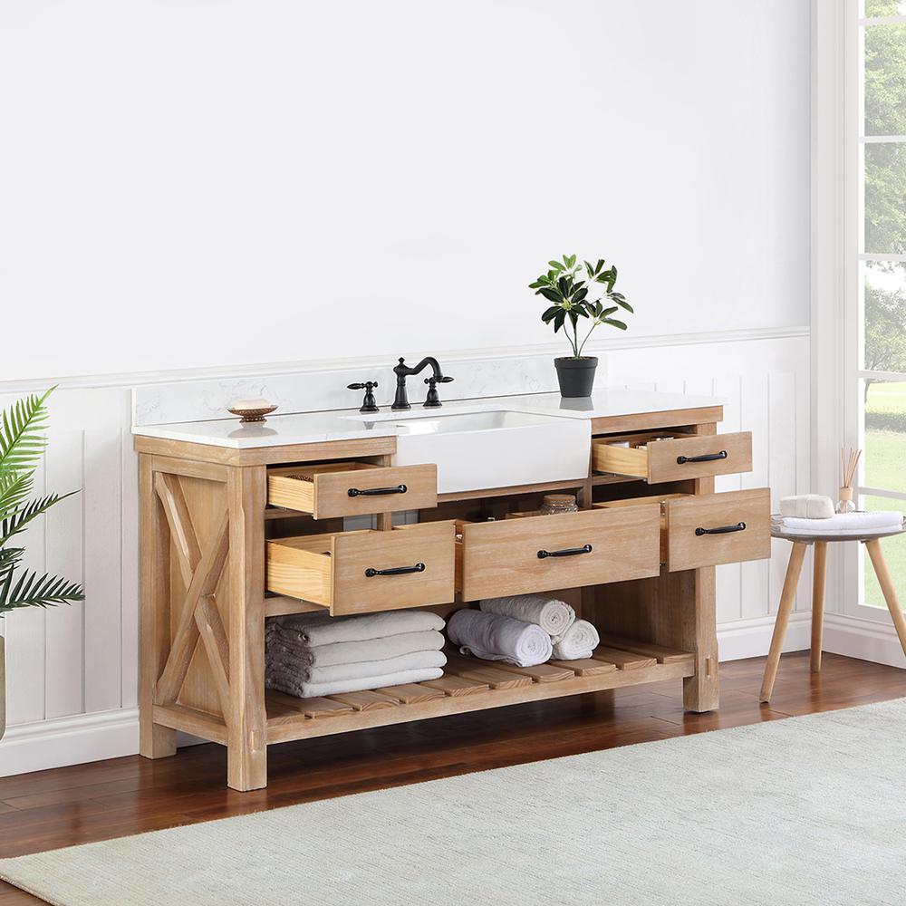 Single Bath Vanity with Composite Stone Top, White Farmhouse Basin