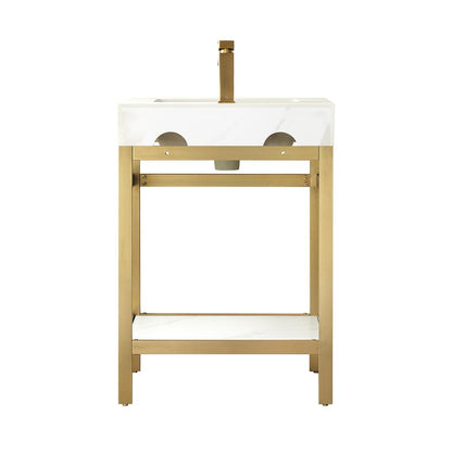 Single Sink Bath Vanity Metal Support with White Sintered Stone Top and Mirror