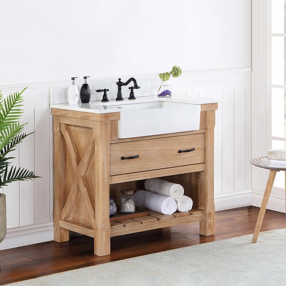 Single Bath Vanity with Composite Stone Top, White Farmhouse Basin