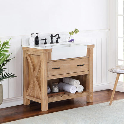 Single Bath Vanity with Composite Stone Top, White Farmhouse Basin