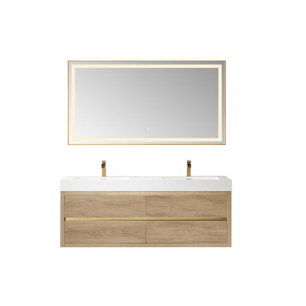 Double Sink Wall-Mount Bath Vanity Composite Integral Sink Top and Mirror