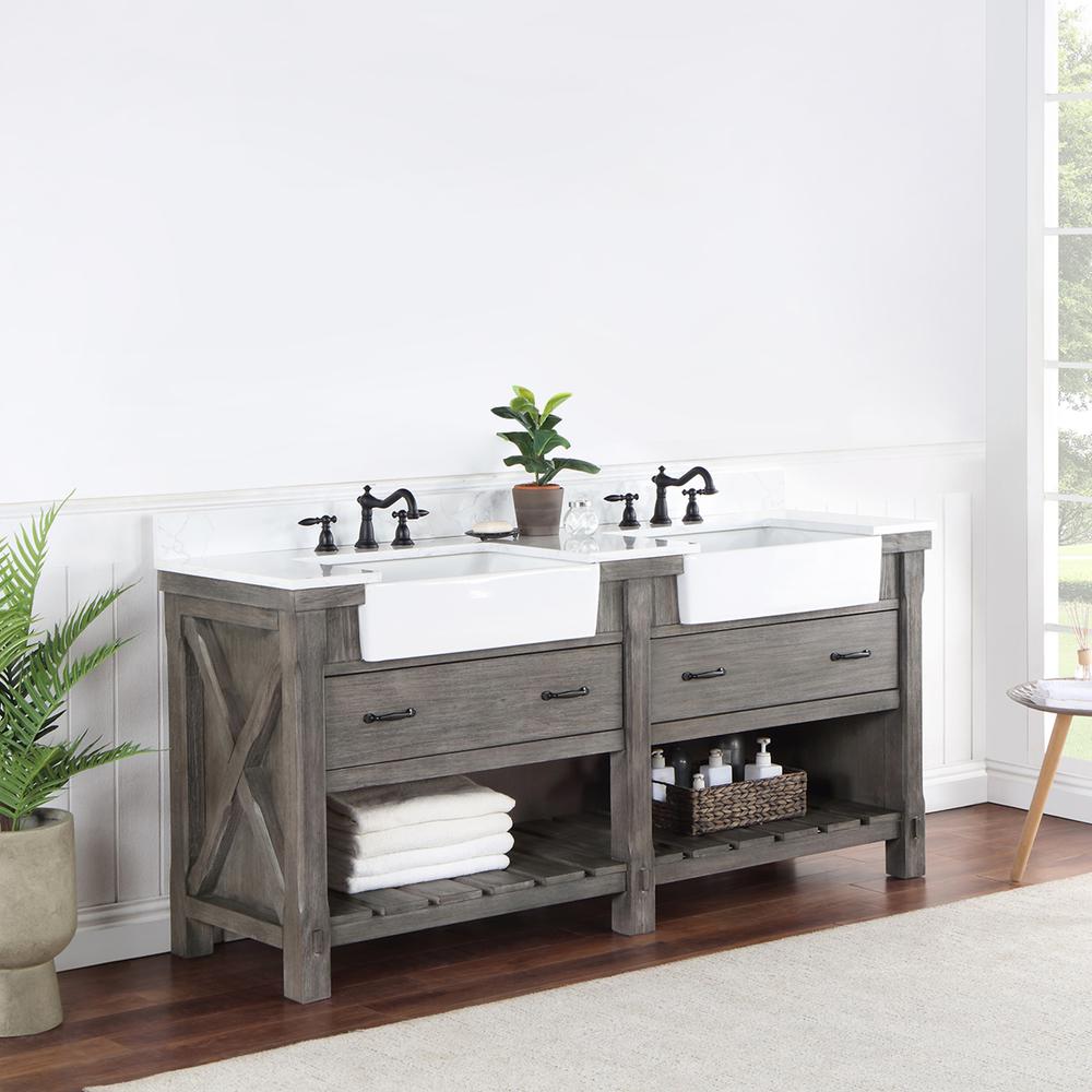 Double Bath Vanity with Composite Stone Top, White Farmhouse Basin